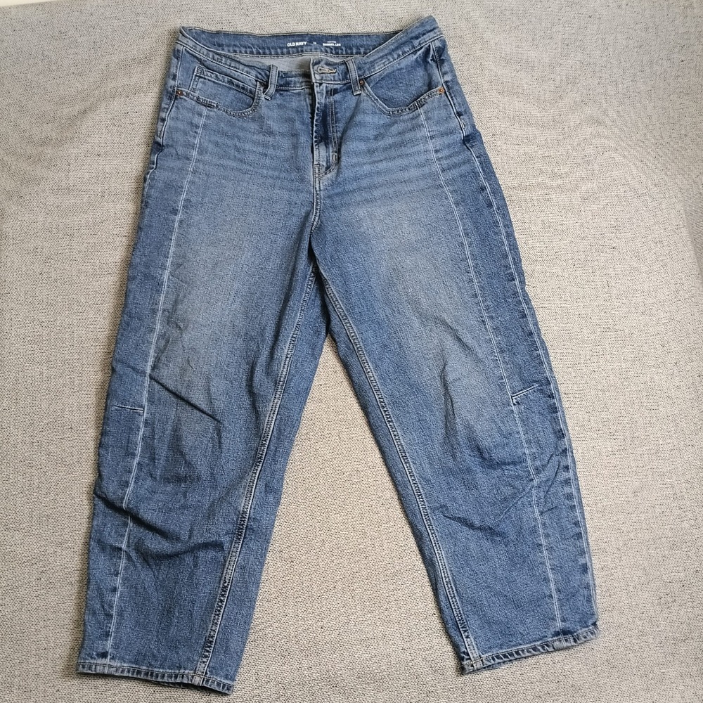 Old Navy Barrel Leg Jeans Womens 12 Blue Excellent High Rise Front Seam Denim